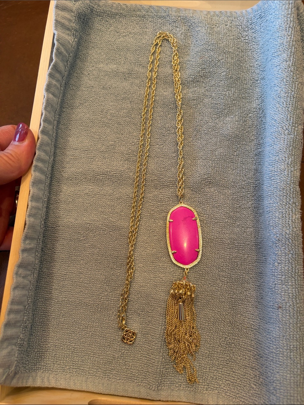 Kendra Scott Gold Necklace with Hot Pink Oval Pendant and Tassel